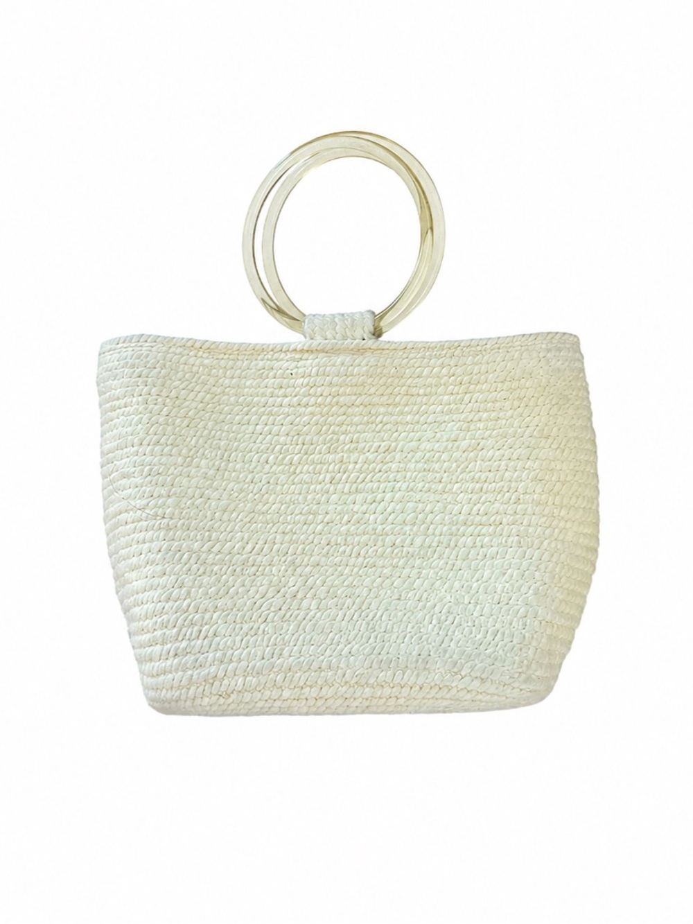Vintage Cream Woven Structured Trapezoid Handbag Lucite Handles 70s Retro